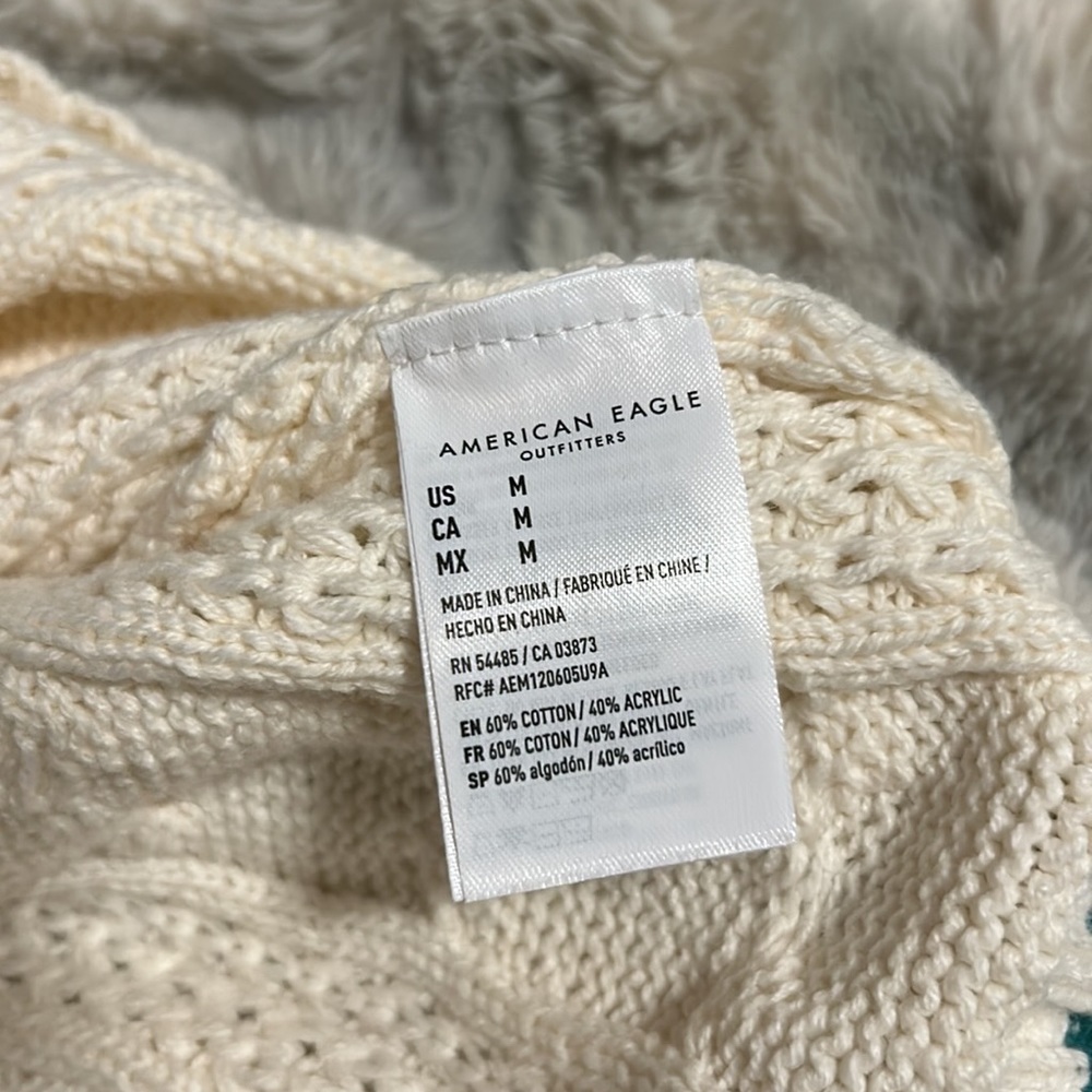 NWT.  American Eagle - Cream Sweater with Green Trim - Size: Medium - Picture 3 of 8